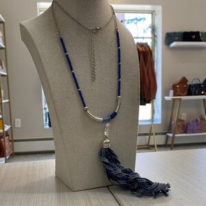 Blue and white necklace with tassel
